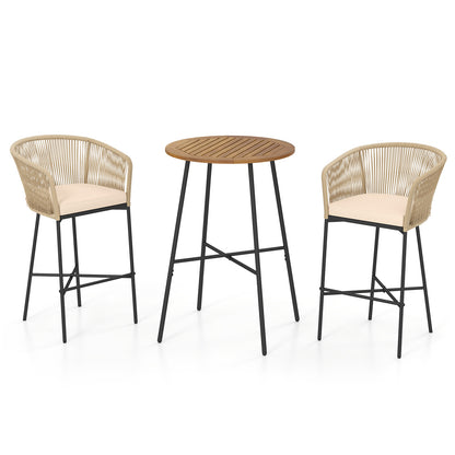3 Pieces Rope Woven Patio Bar Set with Soft Cushions and Acacia Wood Tabletop-Beige