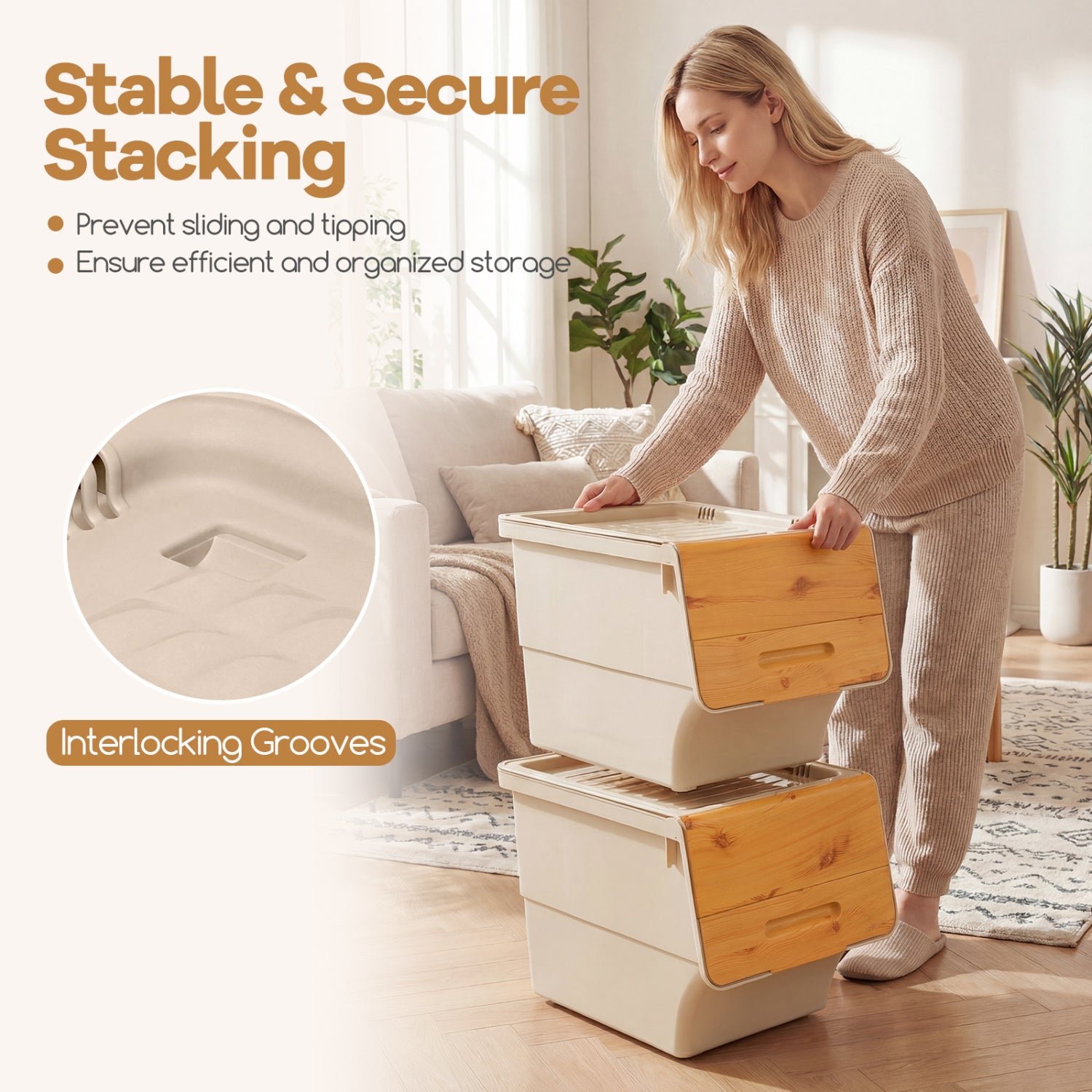3 Pieces Storage Bins on Wheels Stackable Plastic Boxes with Stay-Open Lid (M)-Orange