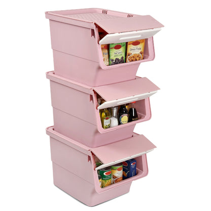 3 Pieces Storage Bins on Wheels Stackable Plastic Boxes with Stay-Open Lid (M)-Pink