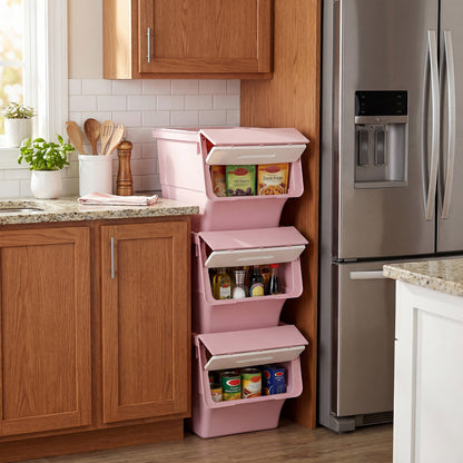 3 Pieces Storage Bins on Wheels Stackable Plastic Boxes with Stay-Open Lid (M)-Pink