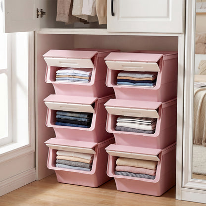 3 Pieces Storage Bins on Wheels Stackable Plastic Boxes with Stay-Open Lid (M)-Pink