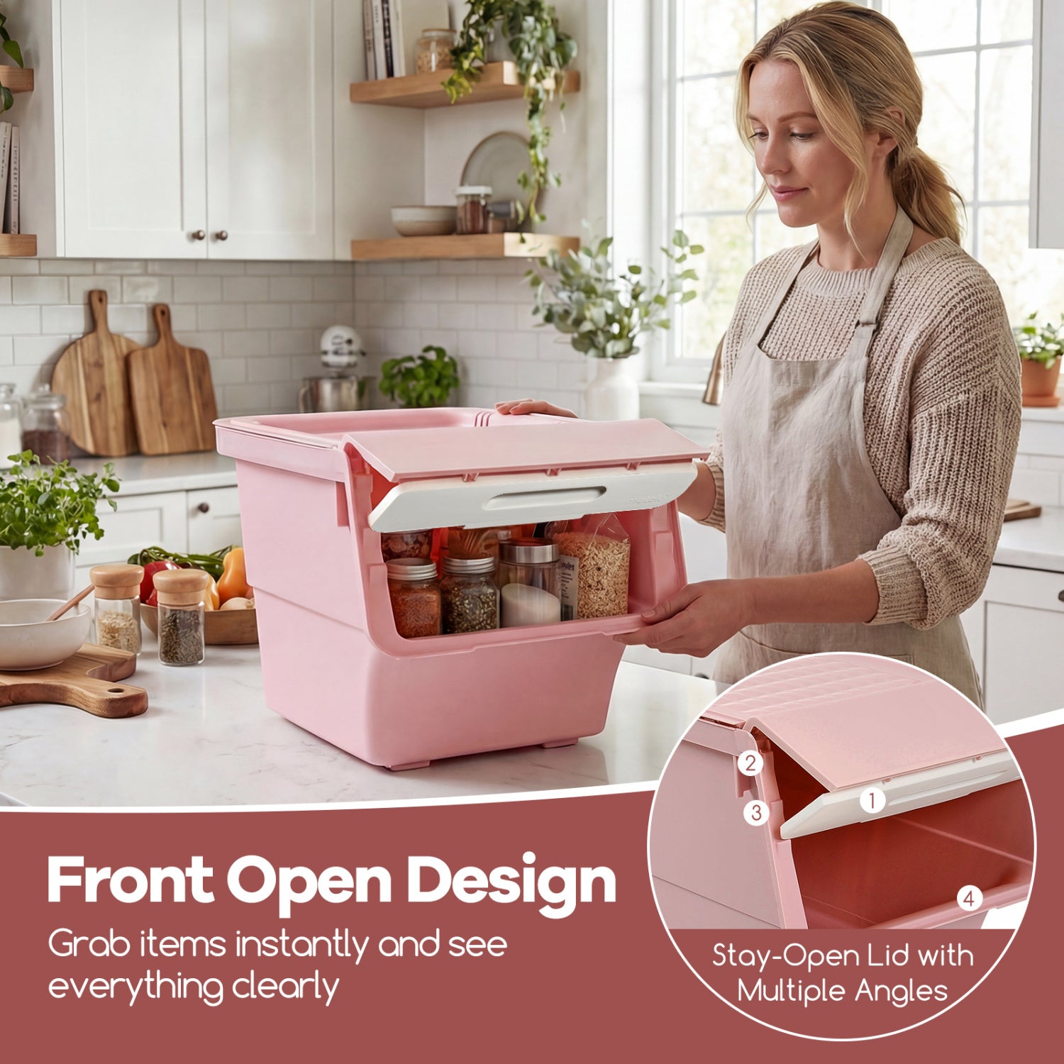 3 Pieces Storage Bins on Wheels Stackable Plastic Boxes with Stay-Open Lid (M)-Pink