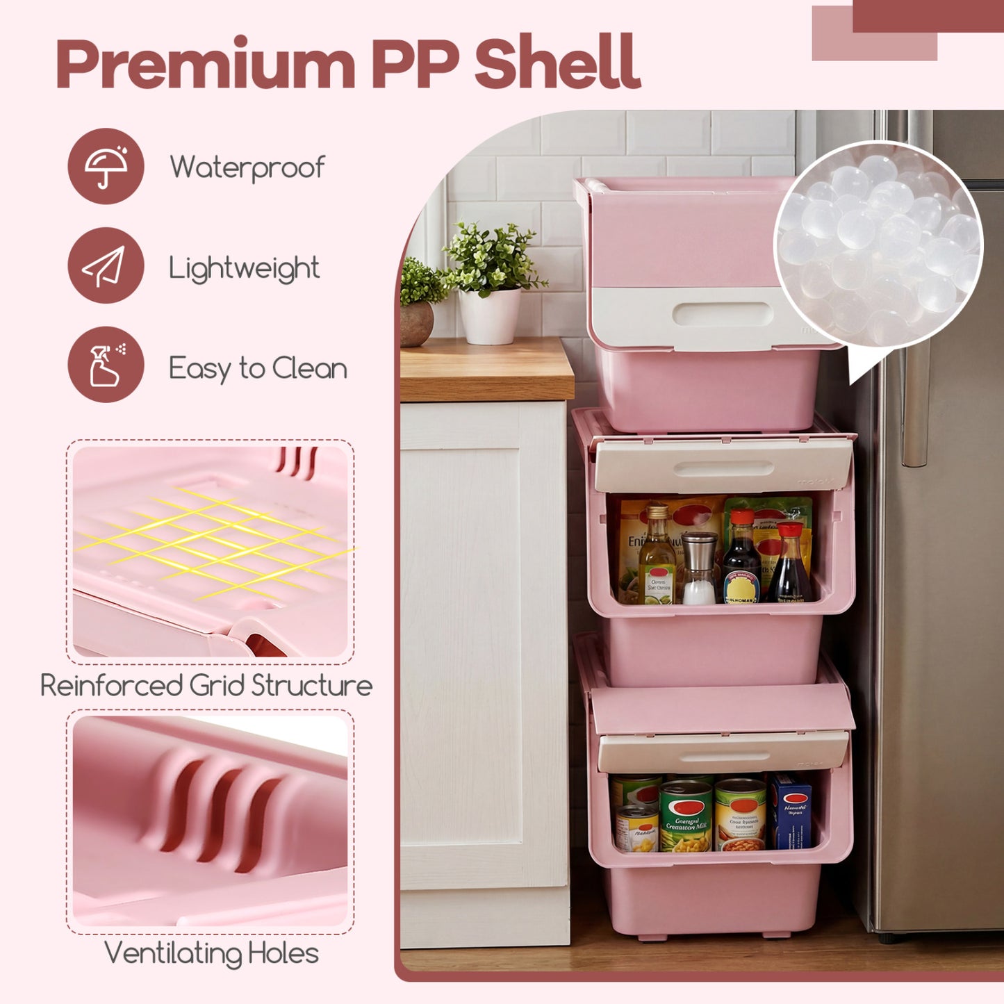 3 Pieces Storage Bins on Wheels Stackable Plastic Boxes with Stay-Open Lid (M)-Pink