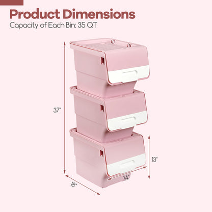 3 Pieces Storage Bins on Wheels Stackable Plastic Boxes with Stay-Open Lid (M)-Pink