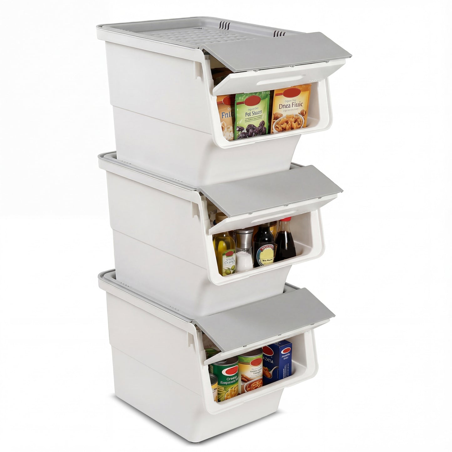 3 Pieces Storage Bins on Wheels Stackable Plastic Boxes with Stay-Open Lid (M)-Gray