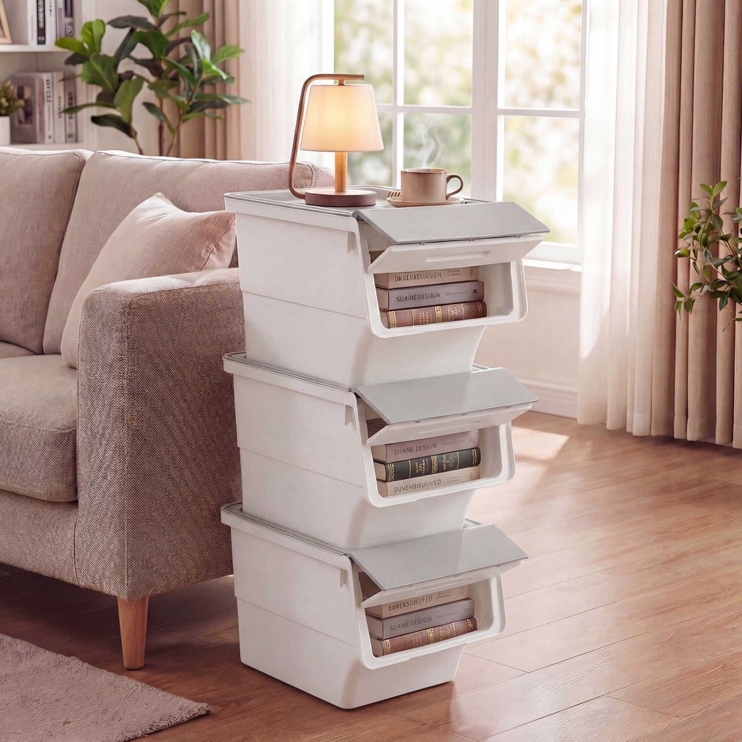 3 Pieces Storage Bins on Wheels Stackable Plastic Boxes with Stay-Open Lid (M)-Gray