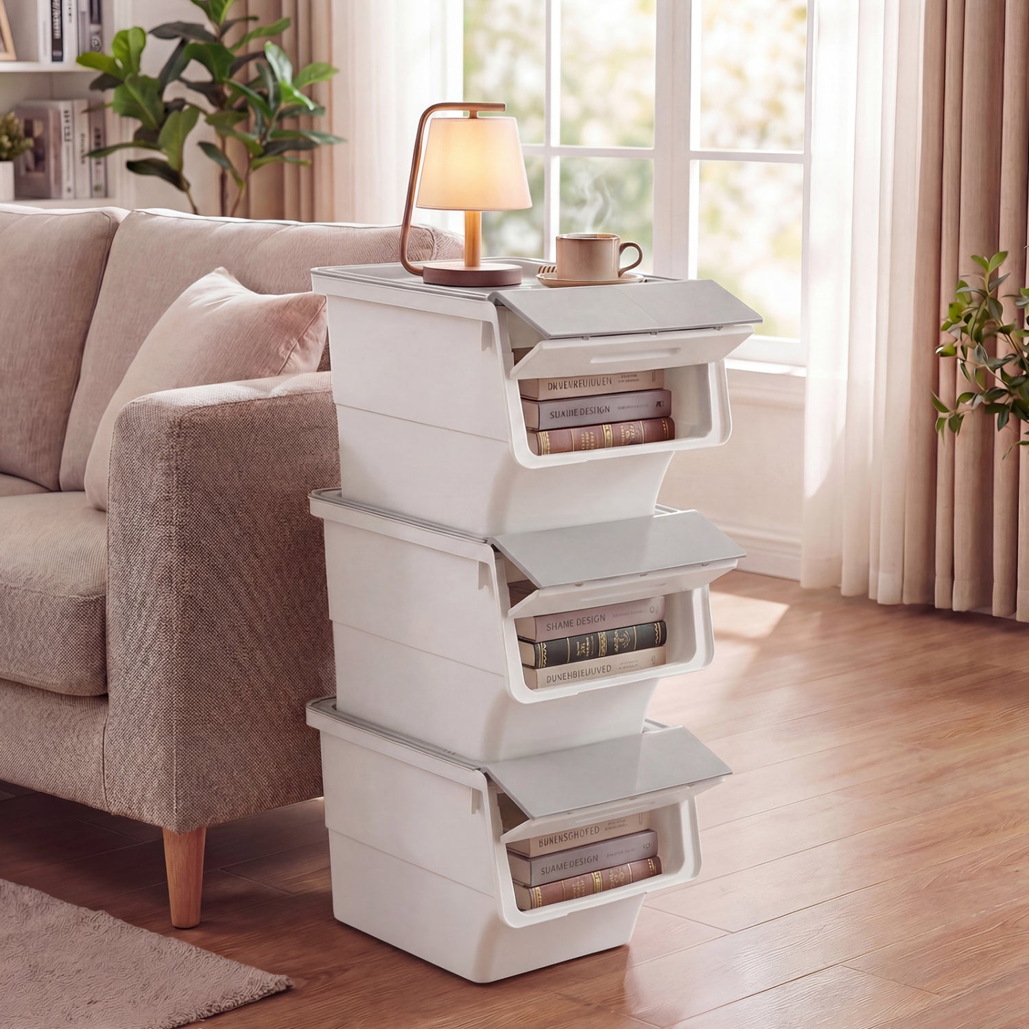 3 Pieces Storage Bins on Wheels Stackable Plastic Boxes with Stay-Open Lid (M)-Gray