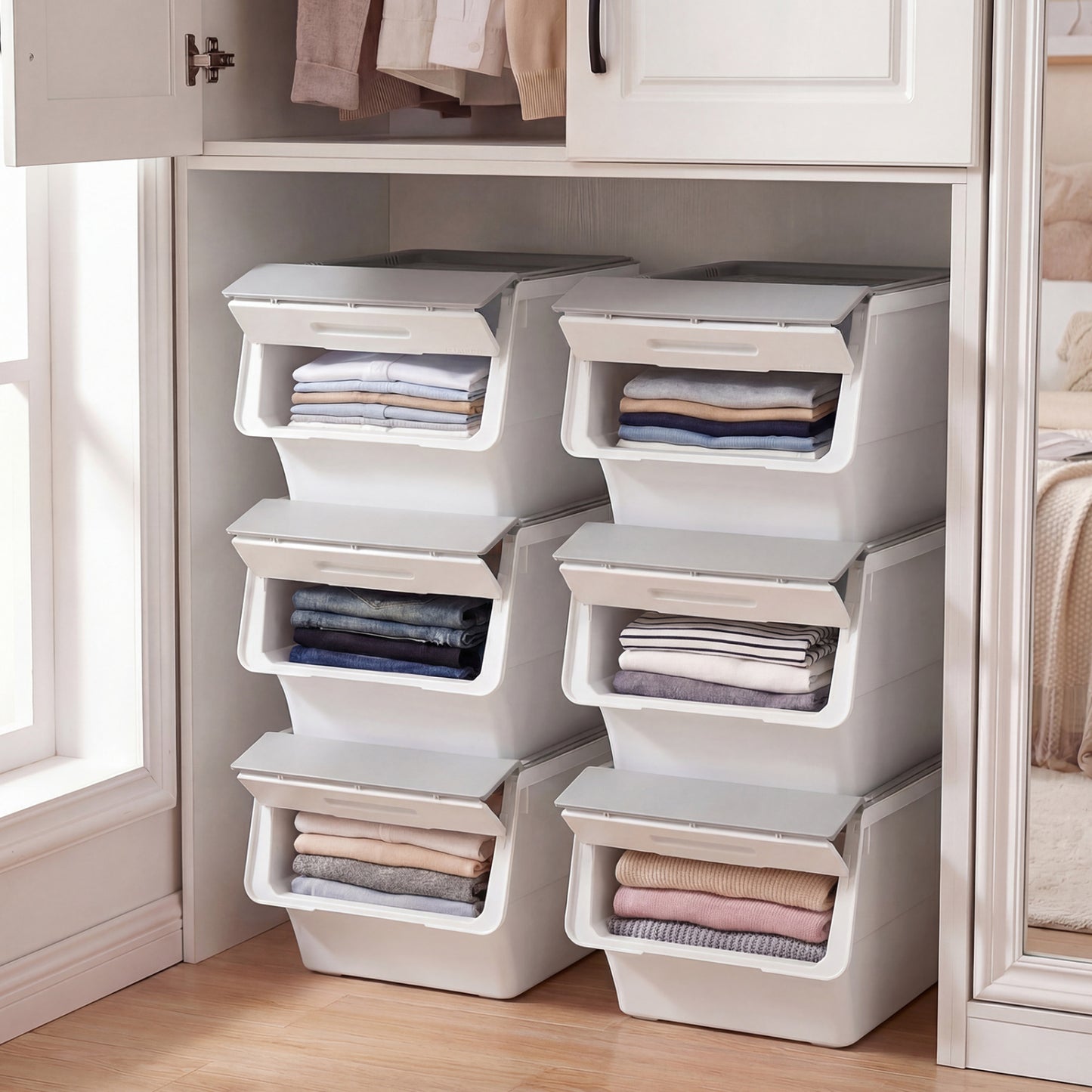 3 Pieces Storage Bins on Wheels Stackable Plastic Boxes with Stay-Open Lid (M)-Gray