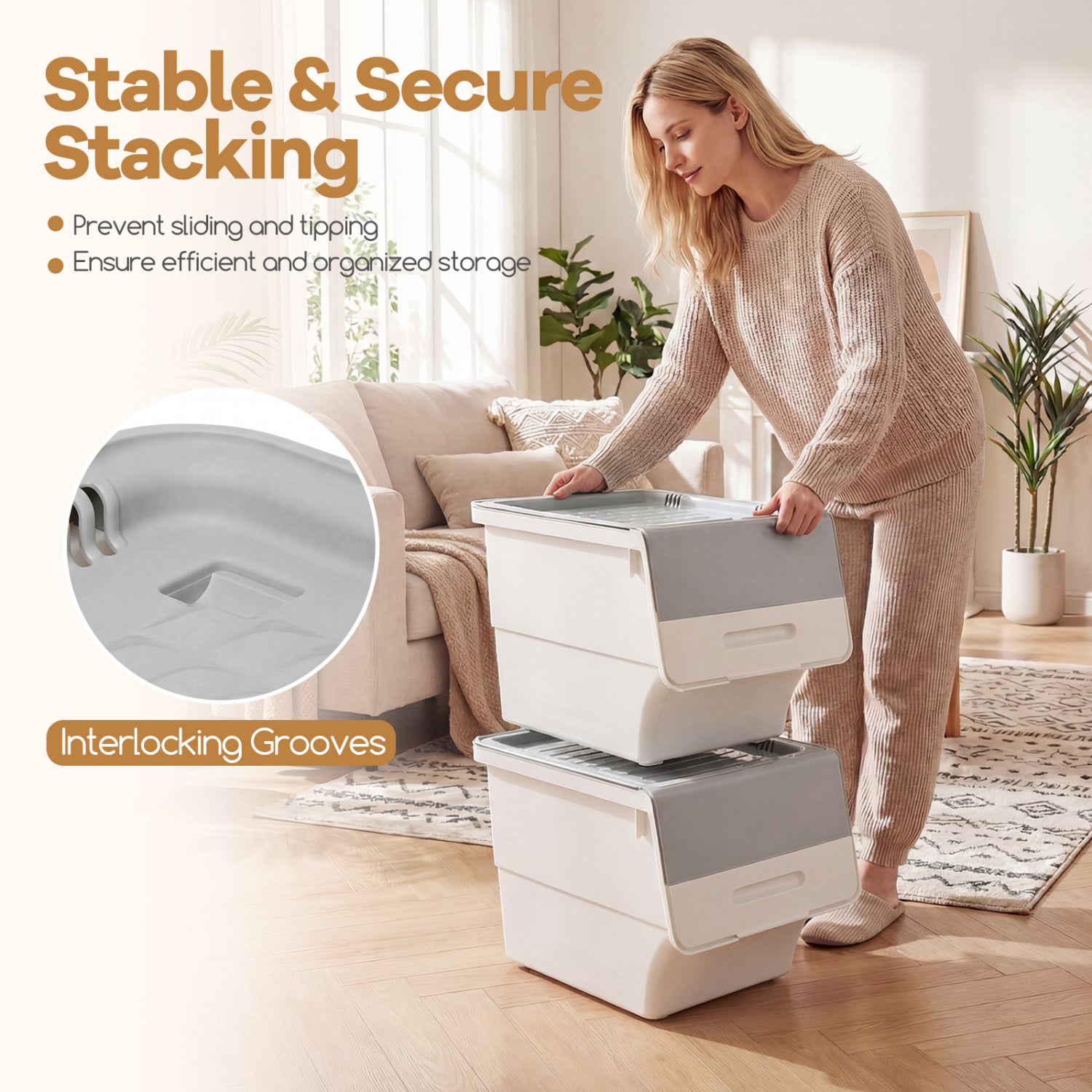 3 Pieces Storage Bins on Wheels Stackable Plastic Boxes with Stay-Open Lid (M)-Gray