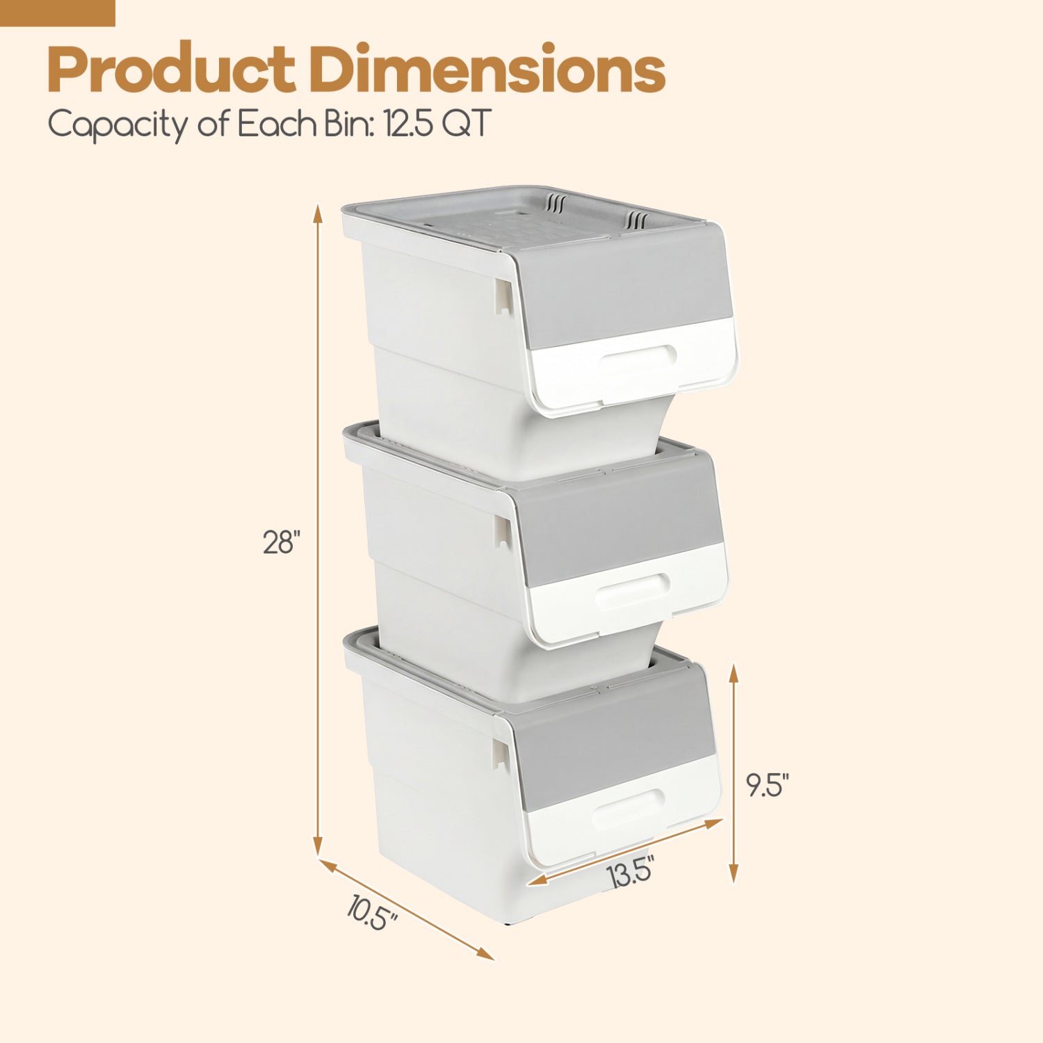 3 Pieces Storage Bins on Wheels Stackable Plastic Boxes with Stay-Open Lid (S)-Gray
