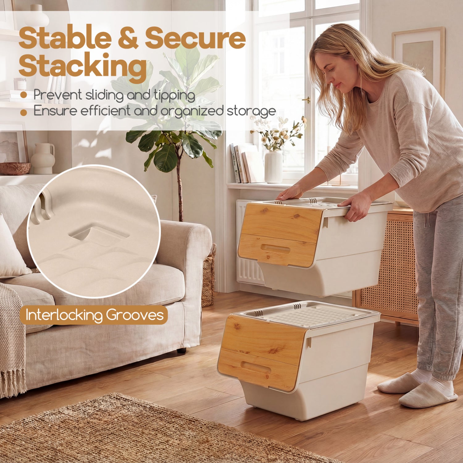 3 Pieces Storage Bins on Wheels Stackable Plastic Boxes with Stay-Open Lid (S)-Orange