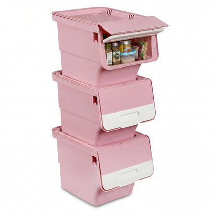 3 Pieces Storage Bins on Wheels Stackable Plastic Boxes with Stay-Open Lid (S)-Pink