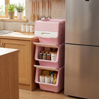 3 Pieces Storage Bins on Wheels Stackable Plastic Boxes with Stay-Open Lid (S)-Pink