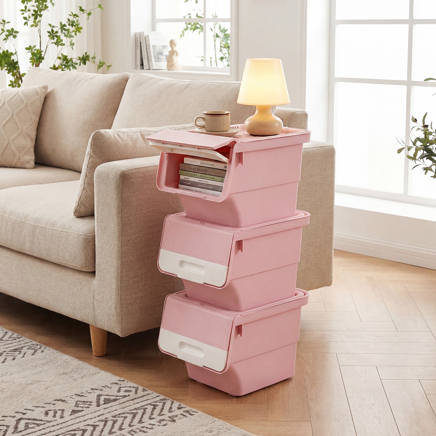 3 Pieces Storage Bins on Wheels Stackable Plastic Boxes with Stay-Open Lid (S)-Pink