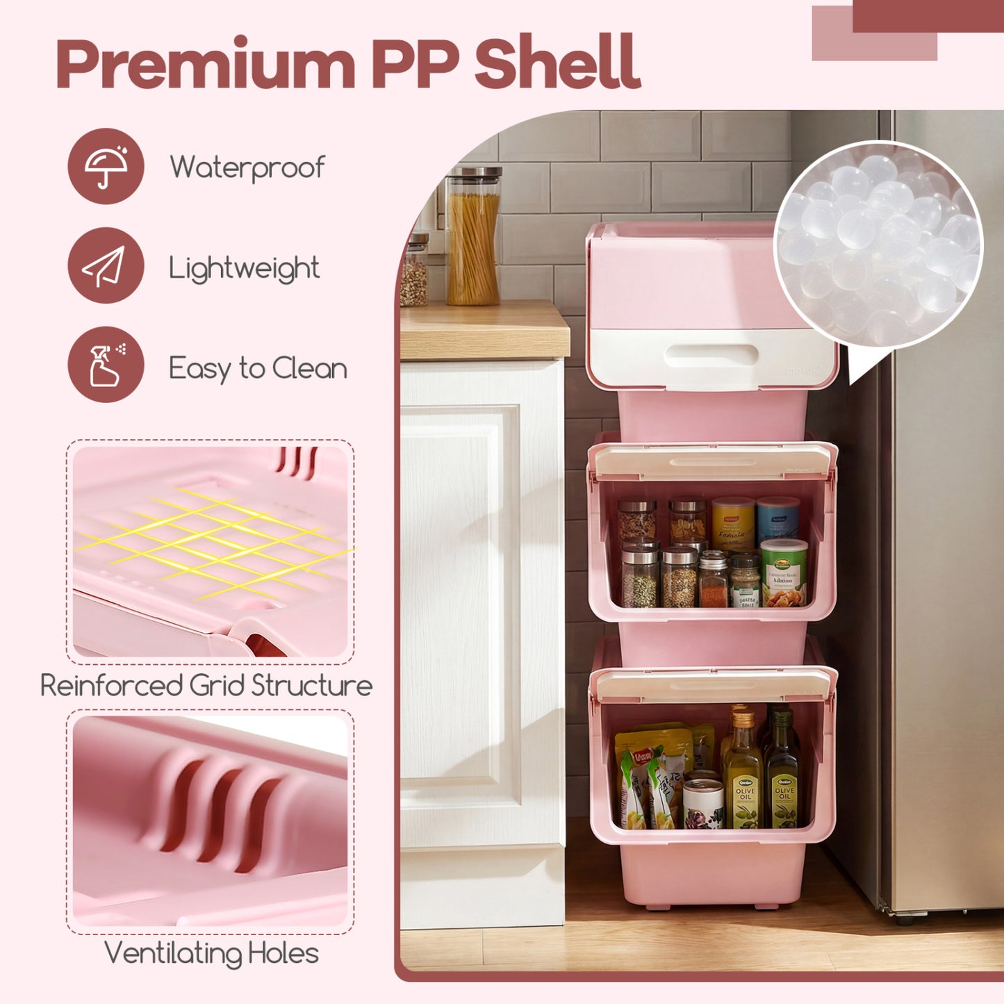 3 Pieces Storage Bins on Wheels Stackable Plastic Boxes with Stay-Open Lid (S)-Pink