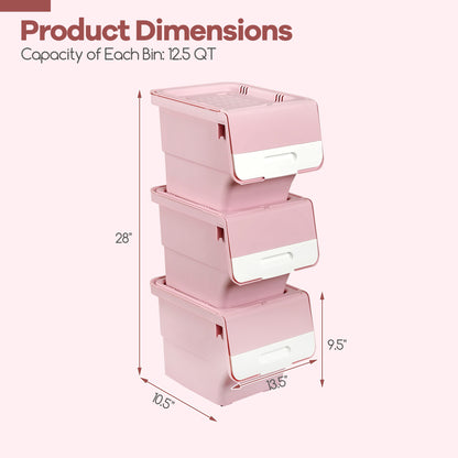 3 Pieces Storage Bins on Wheels Stackable Plastic Boxes with Stay-Open Lid (S)-Pink