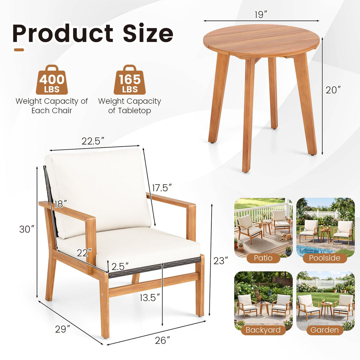3 Pieces Wicker Sofa and Acacia Wood Table Set with Seat and Back Cushion-Offwhite