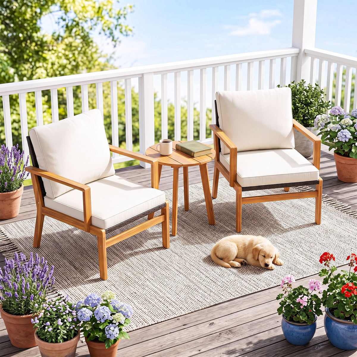 3 Pieces Wicker Sofa and Acacia Wood Table Set with Seat and Back Cushion-Offwhite