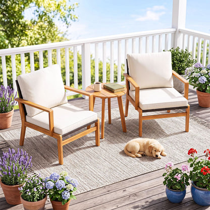 3 Pieces Wicker Sofa and Acacia Wood Table Set with Seat and Back Cushion-Offwhite