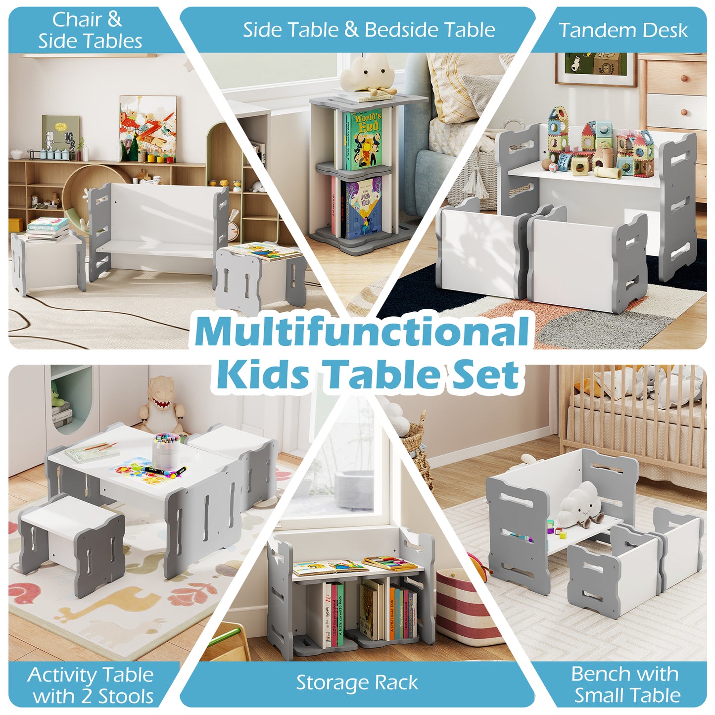 3-Piese Toddler Set with 2 Stools and Activity Table-Gray