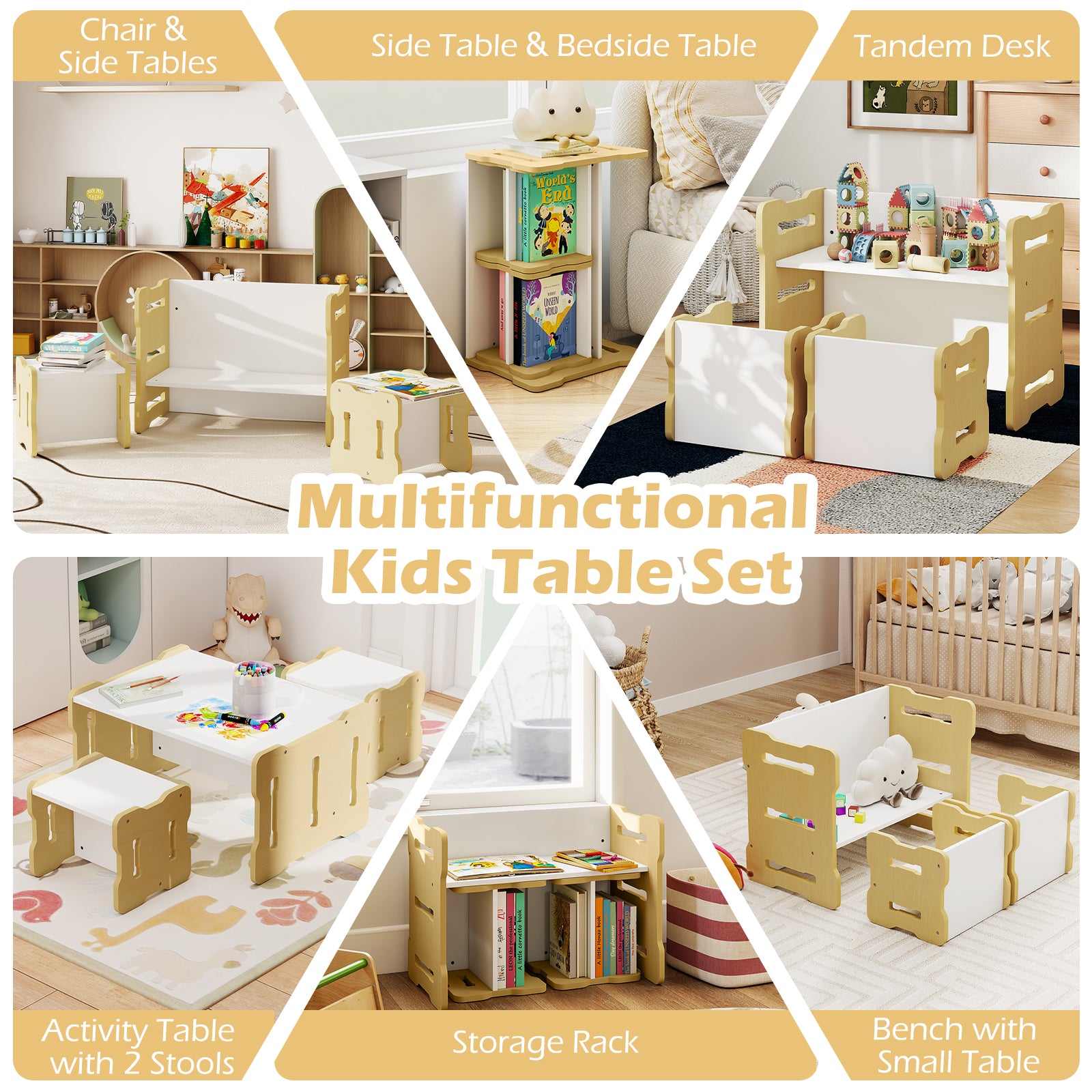 3-Piese Toddler Set with 2 Stools and Activity Table-Natural