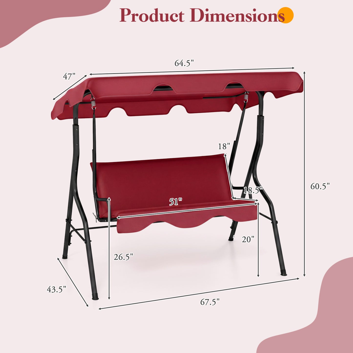 3-Seat Porch Swing with Canopy and Cushions