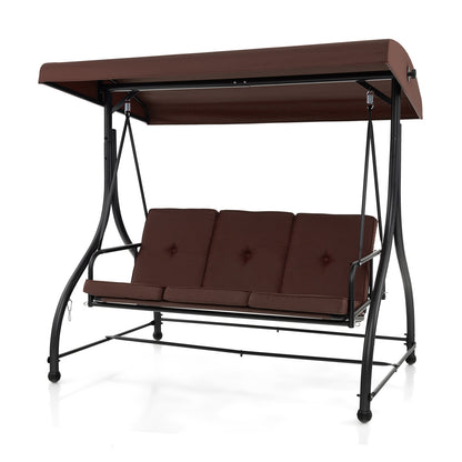 3 Seat Outdoor Porch Swing with Adjustable Canopy-Coffee - Coffee