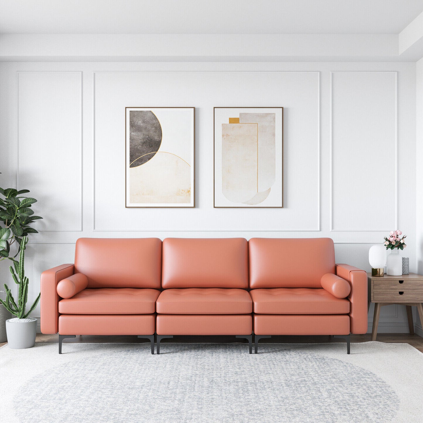 3-Seat Modular Sofa with Storage Pocket and Metal Legs