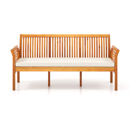 62.5 Inches Patio 3-Seat Wood Bench with Soft Seat Cushions-White