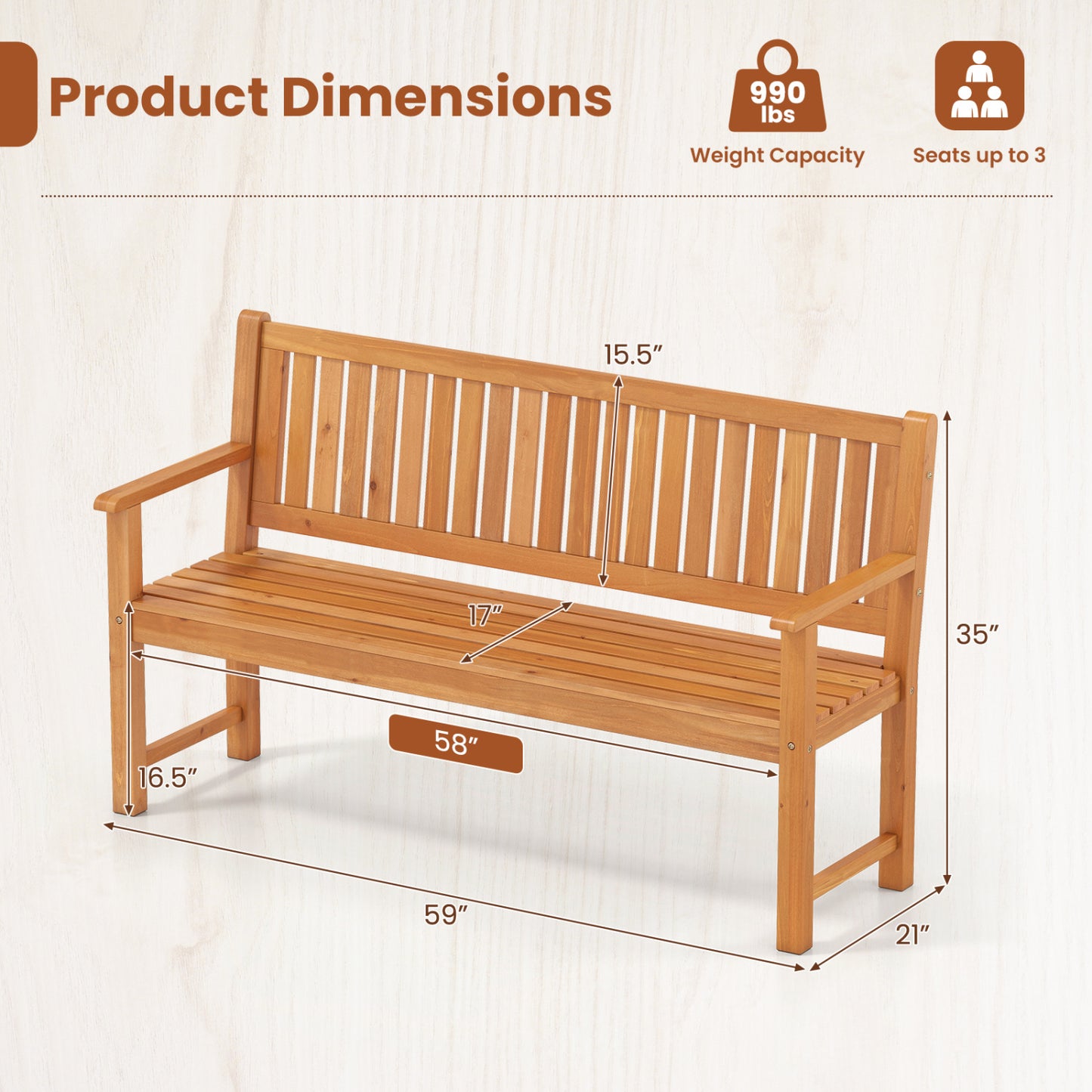 3-Seater Wooden Garden Bench with Backrest, 59 Inch