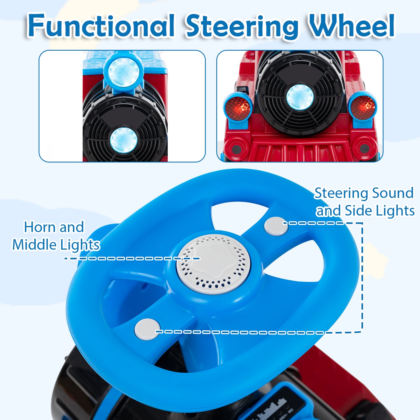 3-Seater Trackless Ride on Train Set 12V Ride on Toy Car with 2 Removable Chairs-Blue