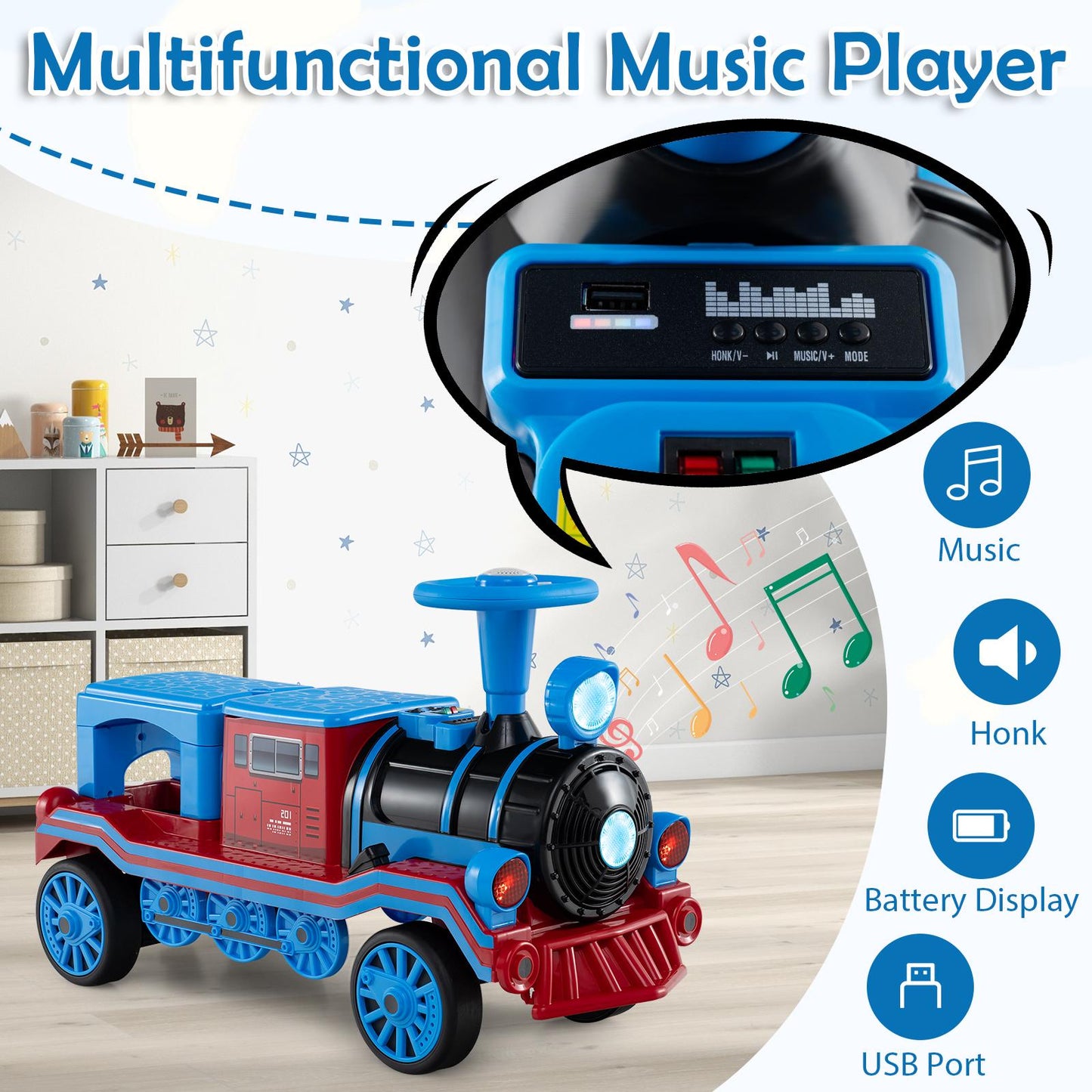 3-Seater Trackless Ride on Train Set 12V Ride on Toy Car with 2 Removable Chairs-Blue