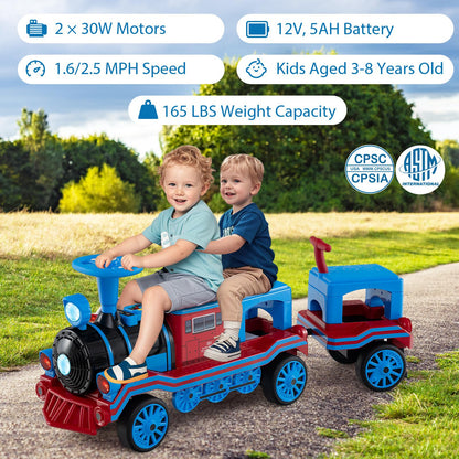 3-Seater Trackless Ride on Train Set 12V Ride on Toy Car with 2 Removable Chairs-Blue