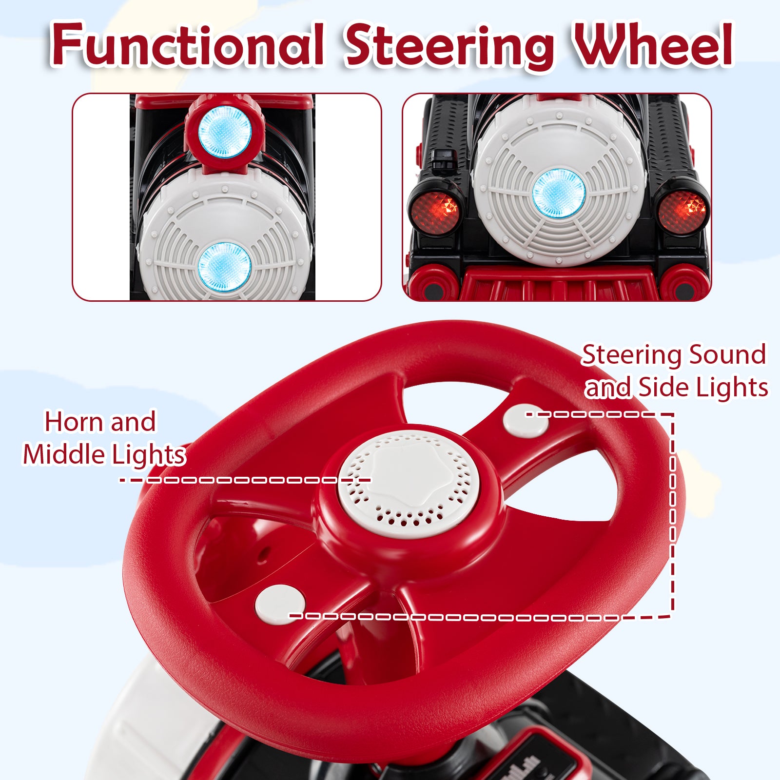 3-Seater Trackless Ride on Train Set 12V Ride on Toy Car with 2 Removable Chairs-Red