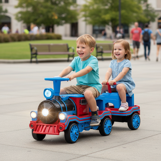 3-Seater Trackless Ride on Train Set 12V Ride on Toy Car with 2 Removable Chairs-Blue
