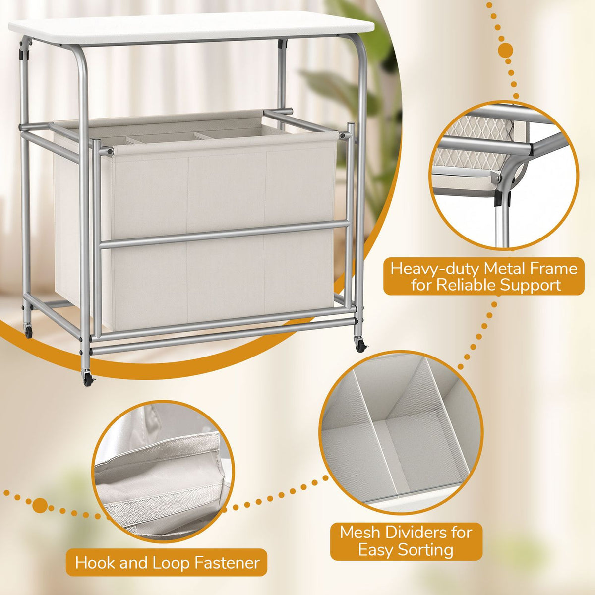 3-Section Laundry Sorter with Foldable Ironing Board and Lockable Wheels-Beige