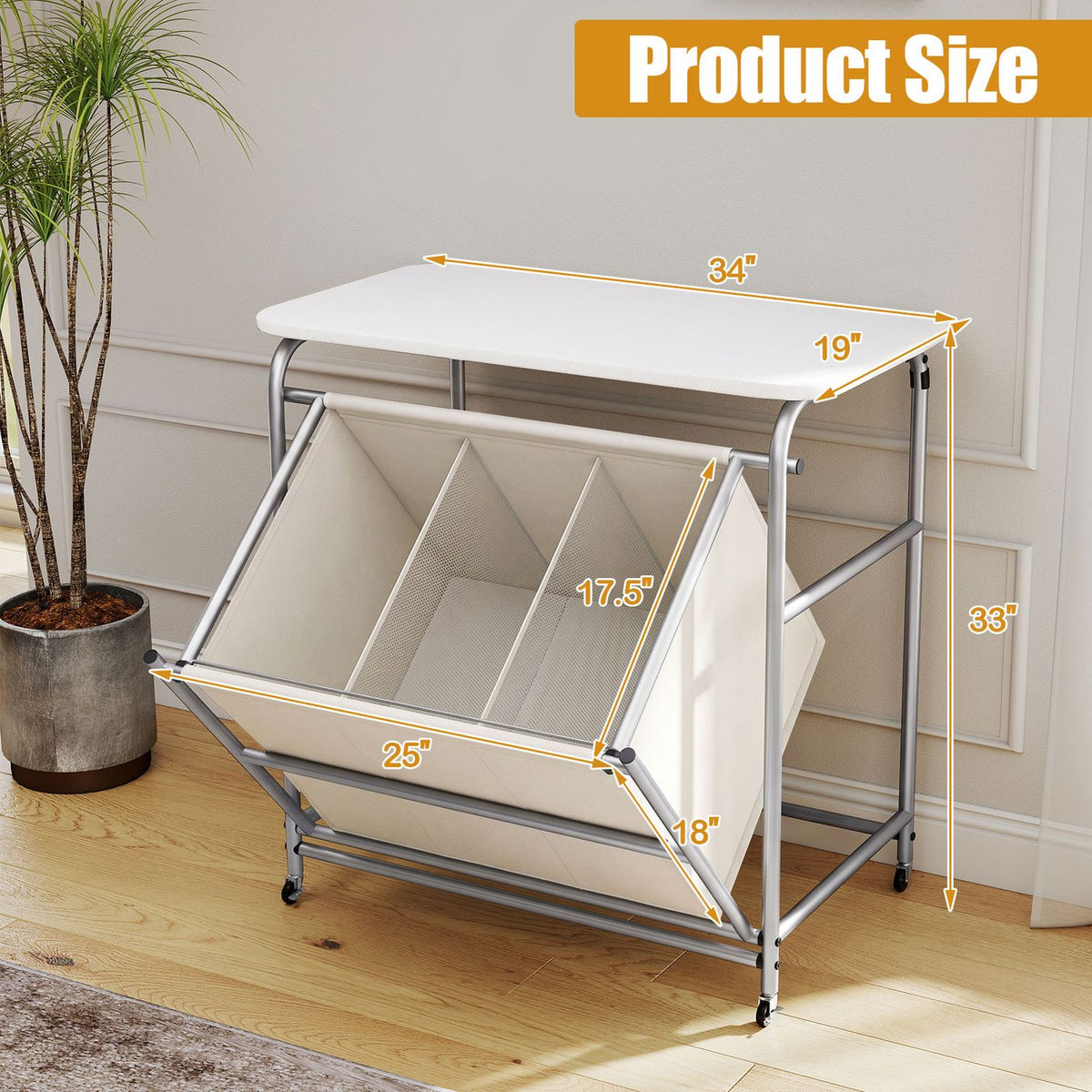 3-Section Laundry Sorter with Foldable Ironing Board and Lockable Wheels-Beige