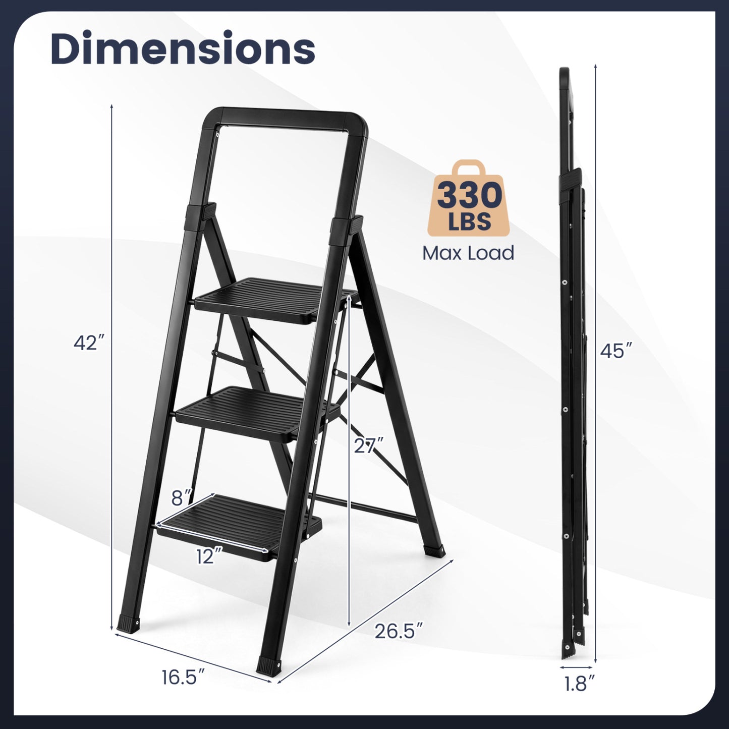 3-Step Folding Step Stool with Wide Anti-Slip Pedals
