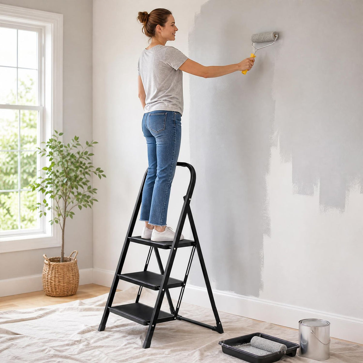 3 Step Ladder Folding Step Stool with Handrail and Wide Anti