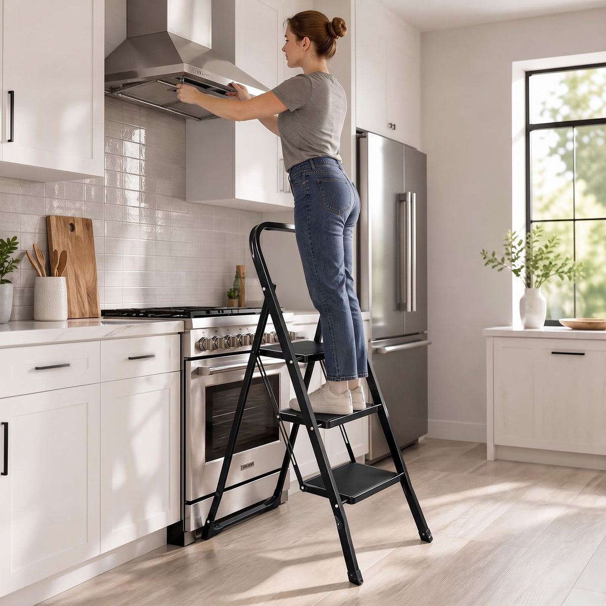 3 Step Ladder Folding Step Stool with Handrail and Wide Anti