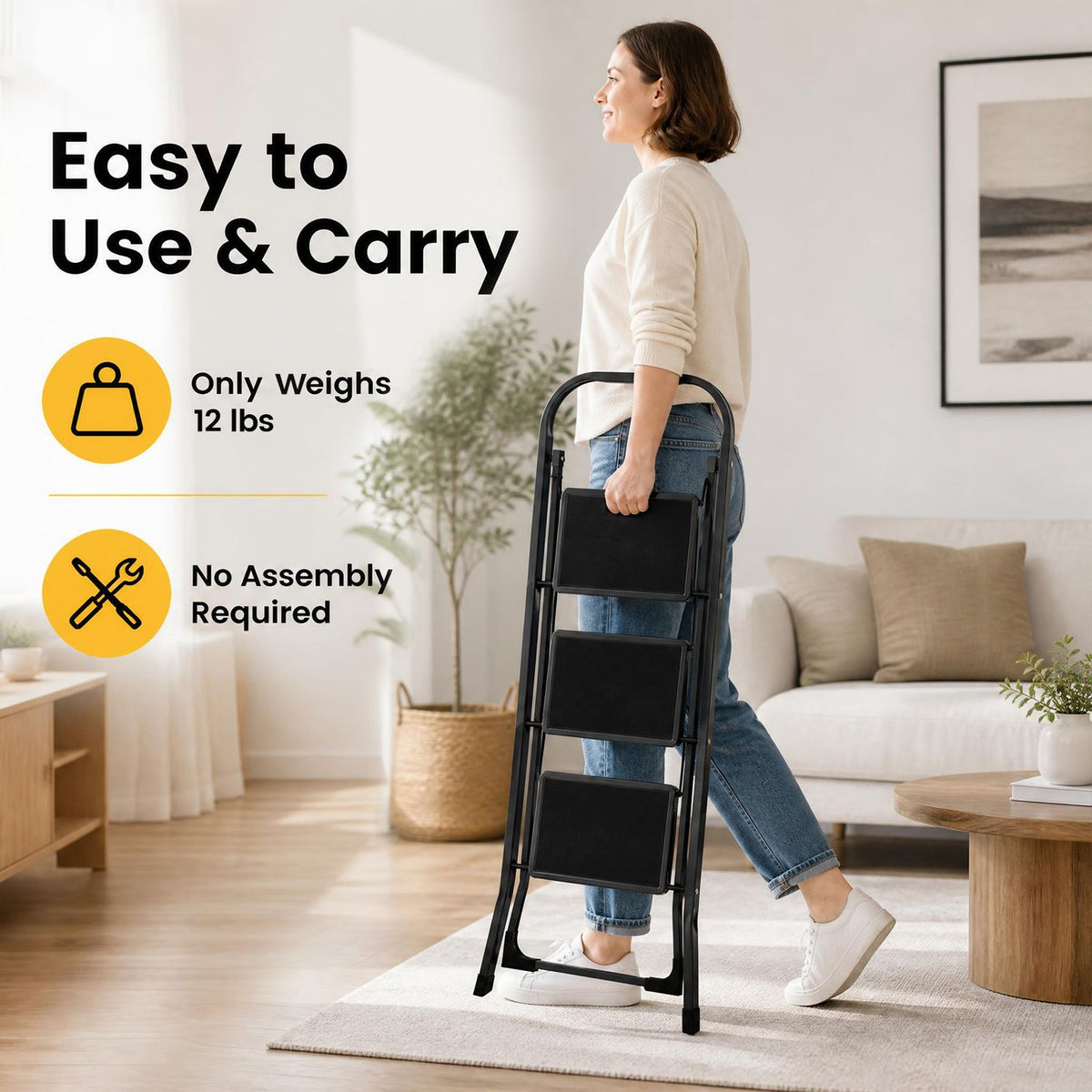 3 Step Ladder Folding Step Stool with Handrail and Wide Anti