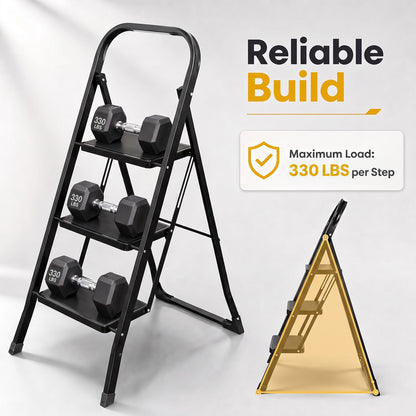 3 Step Ladder Folding Step Stool with Handrail and Wide Anti