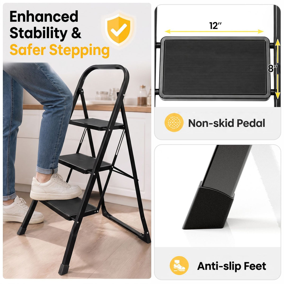 3 Step Ladder Folding Step Stool with Handrail and Wide Anti