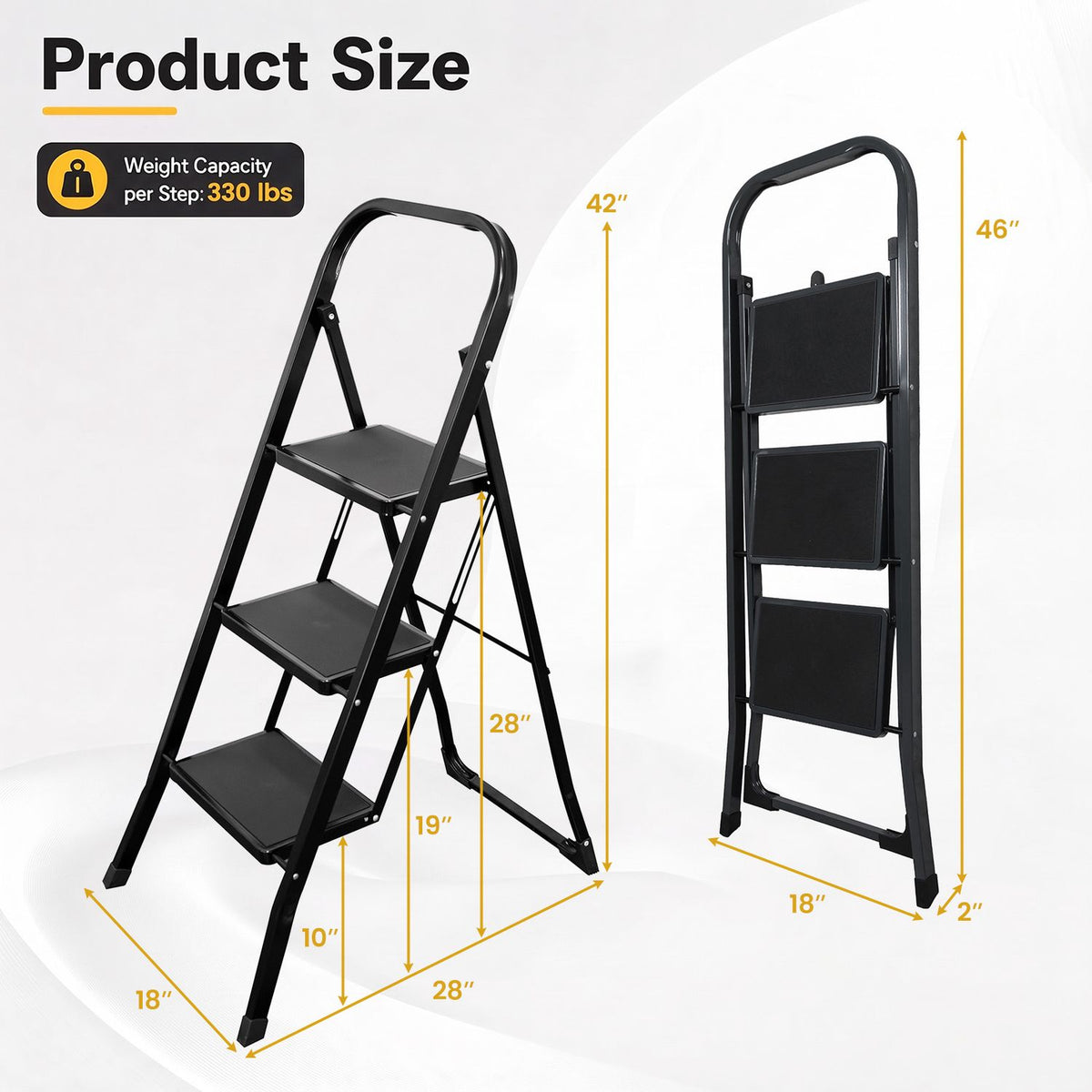 3 Step Ladder Folding Step Stool with Handrail and Wide Anti