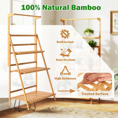 3 Tier Bamboo Hanging Plant Stand with Height Adjustable Hanger Rod-Natural