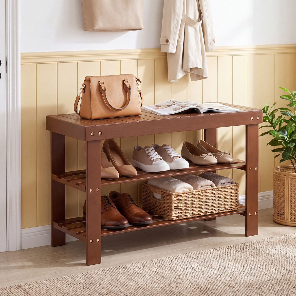3-Tier Bamboo Shoe Rack Bench for Entryway-Brown