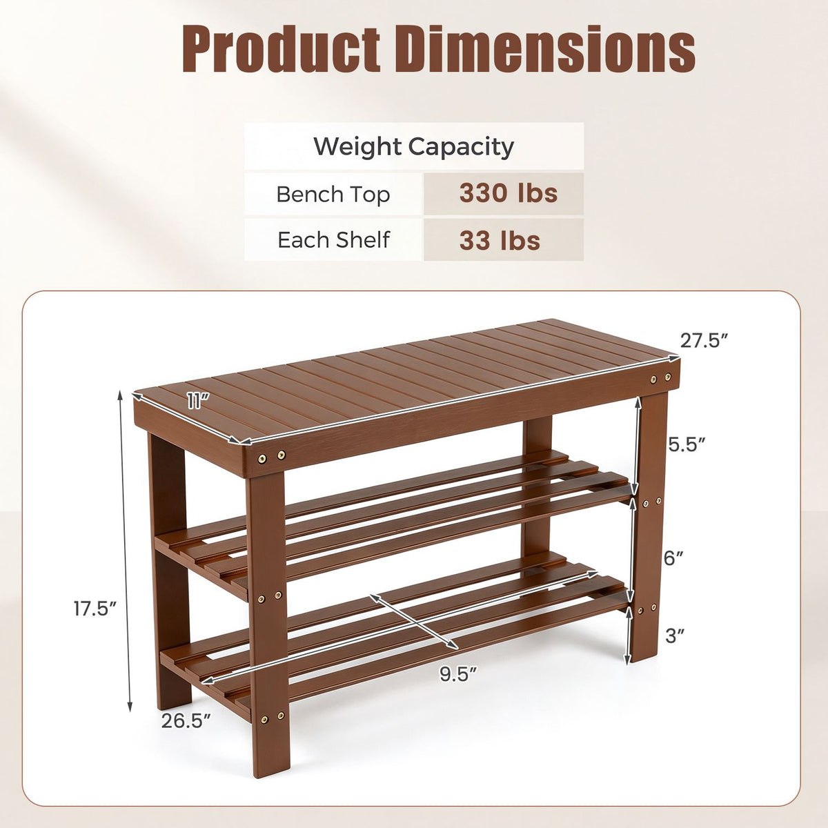 3-Tier Bamboo Shoe Rack Bench for Entryway-Brown