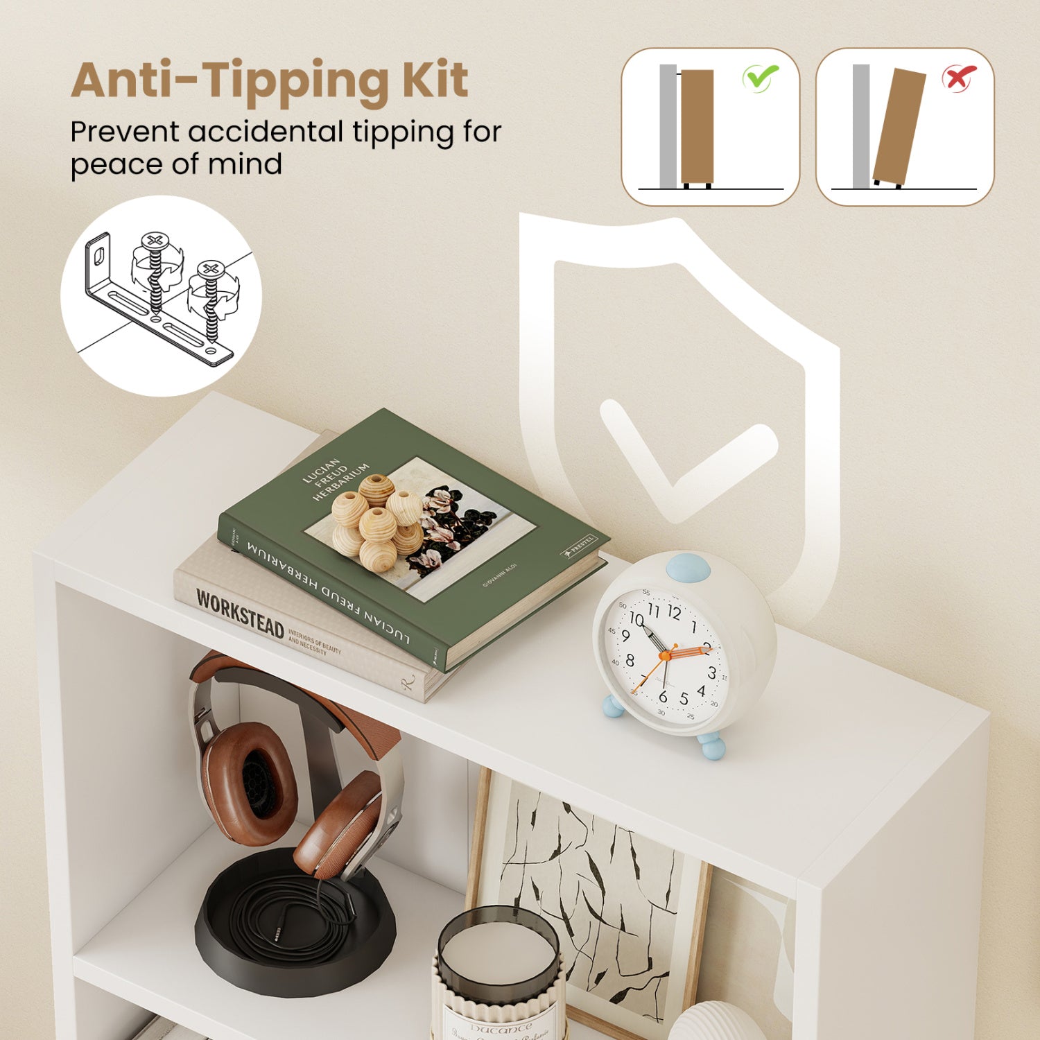 3-Tier Bookcase 42 inch Tall Book Shelf with Anti-Tipping Kit-White