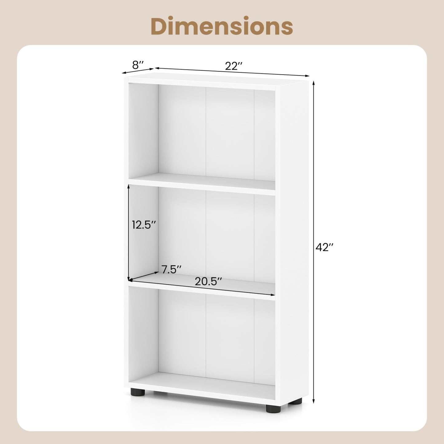 3-Tier Bookcase 42 inch Tall Book Shelf with Anti-Tipping Kit-White