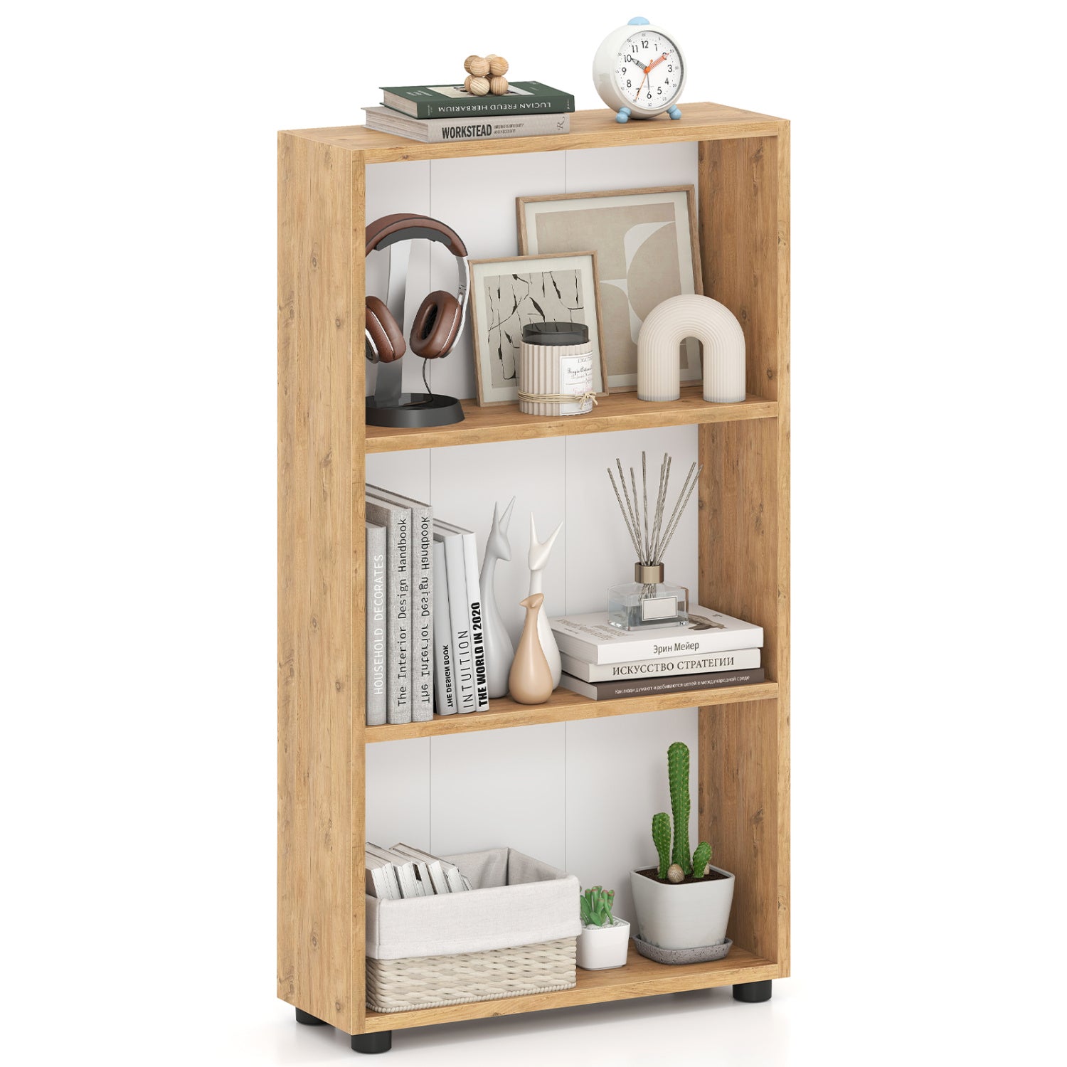 3-Tier Bookcase 42 inch Tall Book Shelf with Anti-Tipping Kit-Brown